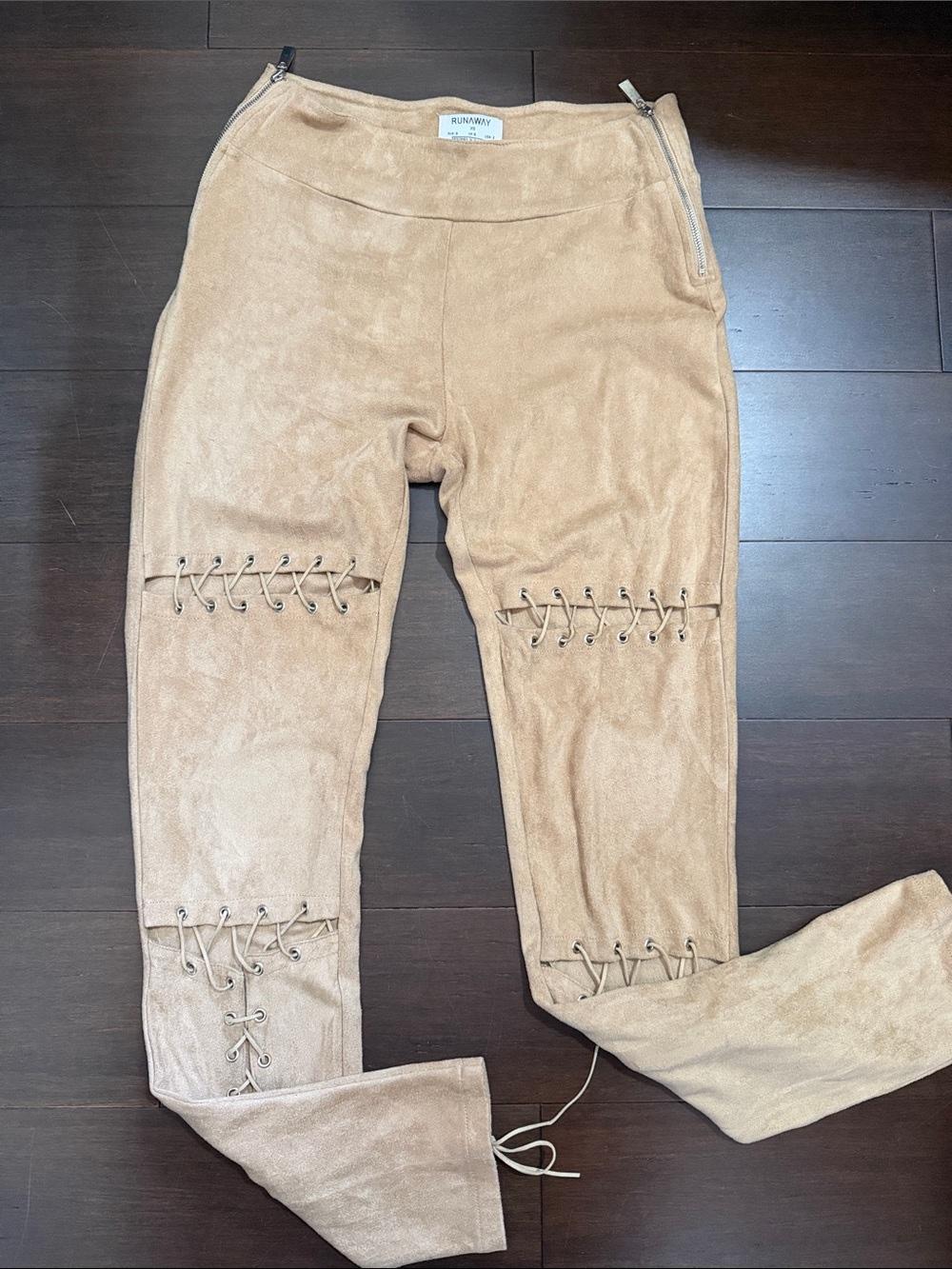 RUNAWAY Faux Suede Lace-Up Camel Jogger Pants